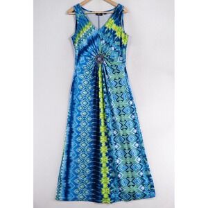 Lennie for Nina Leonard Maxi Dress Sz Medium Blue Green Print Sleeveless Beaded